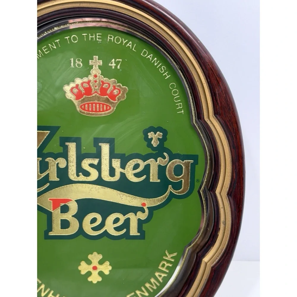 Carlsberg Beer Sign Mirror with Wood Frame Copenhagen Denmark Vintage 1990